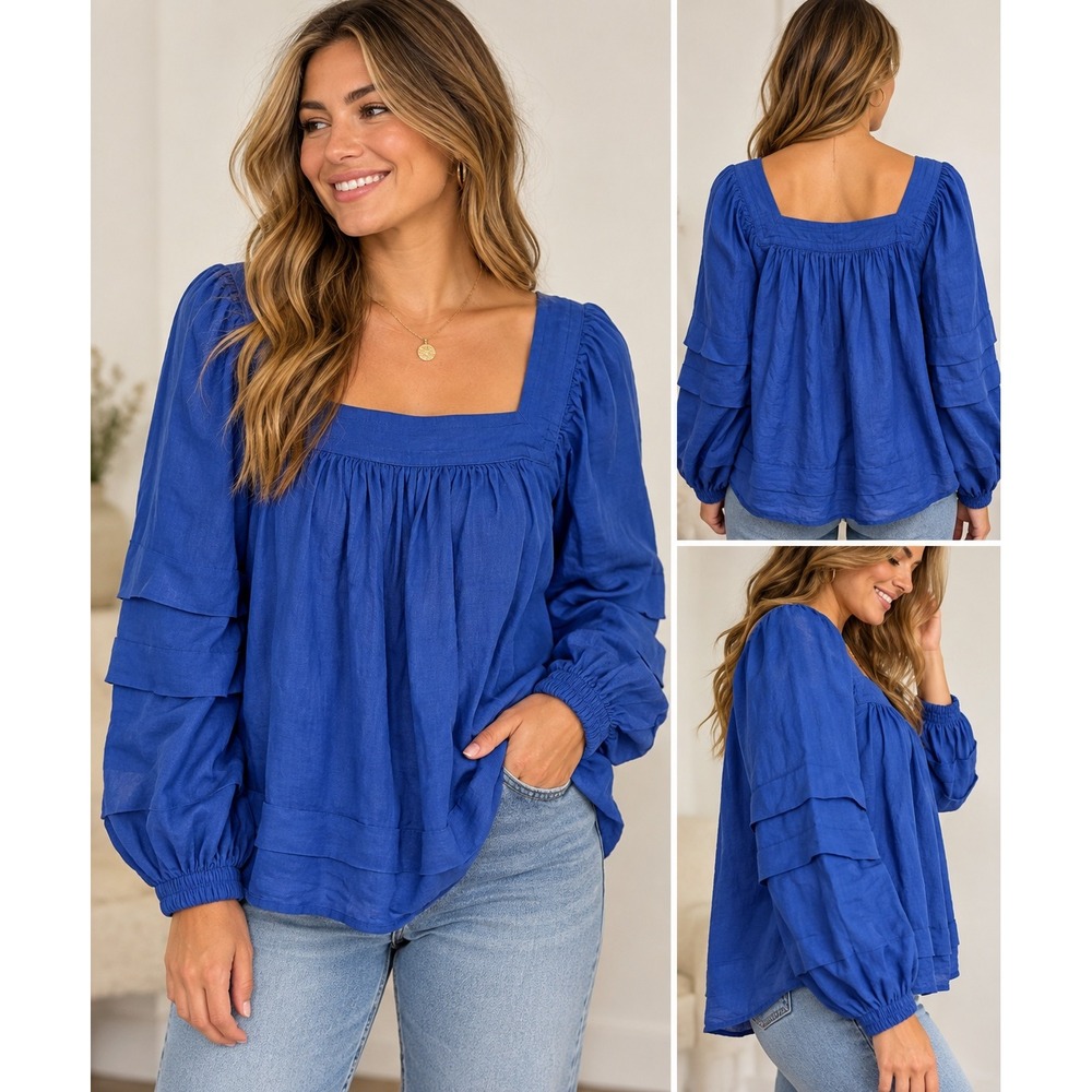 Banana Republic Blue Ramie Puff Sleeve Square Neck Blouse Small